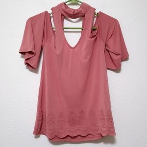Francesca's Alya cold shoulder choker neck blouse